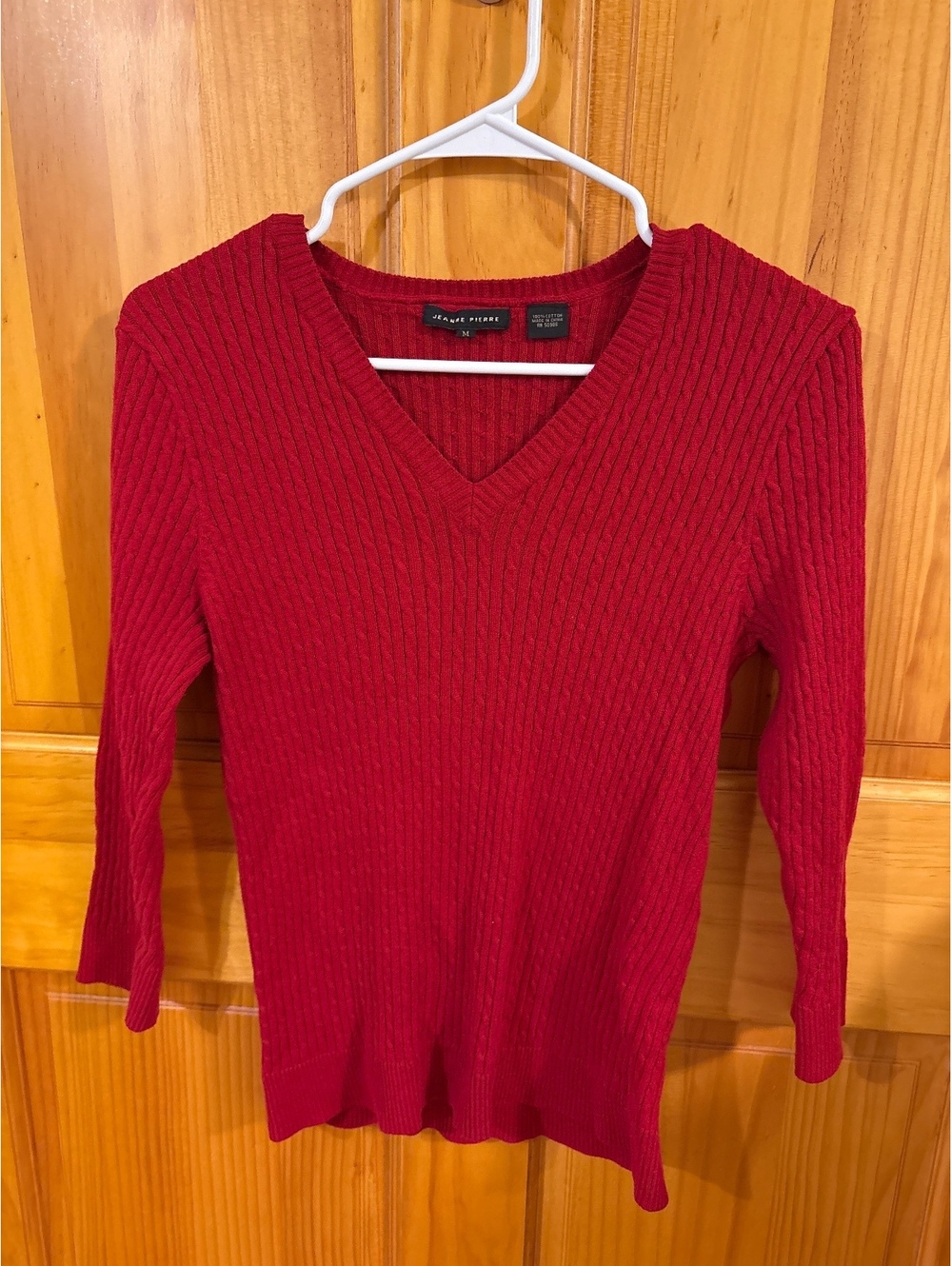 Old Money Quiet Luxury Medium Red Cable Knit V Neck Sweater 100% Cotton